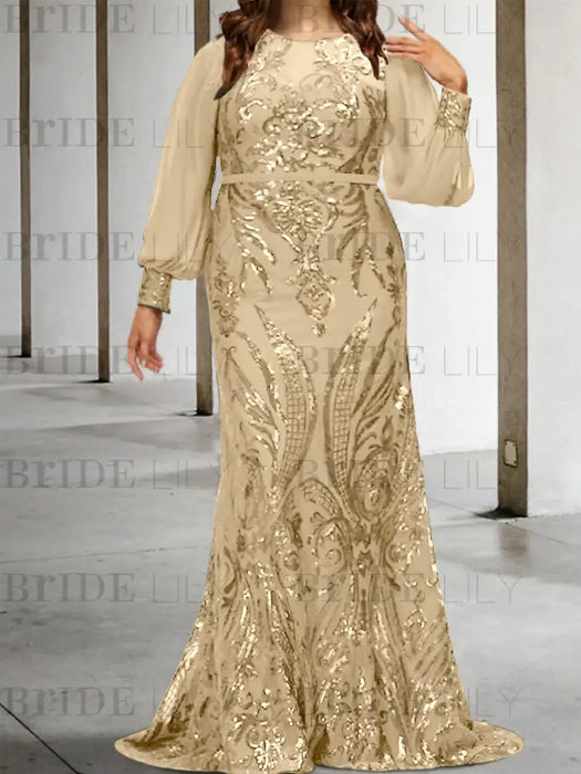 Plus size champagne gold sequin damask gown with chiffon sleeves