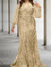 Plus size champagne gold sequin damask gown with chiffon sleeves