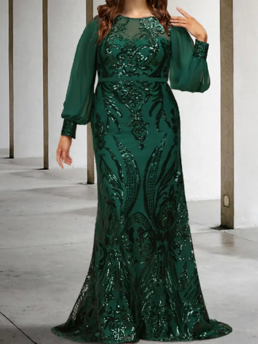 Plus size emerald sequin damask mermaid gown with chiffon sleeves