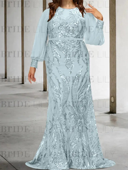 Light Blue plus size sequin damask mother of the bride mermaid gown