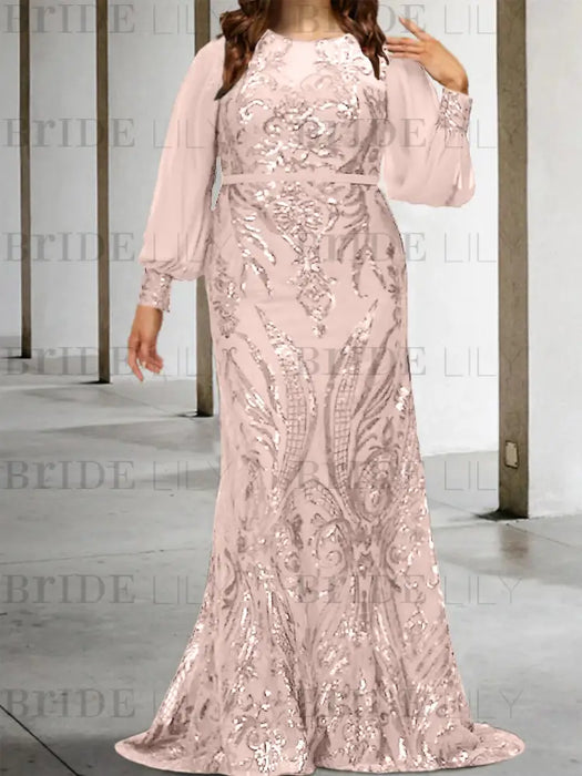 Light Pink plus size sequin damask mother of the bride mermaid gown
