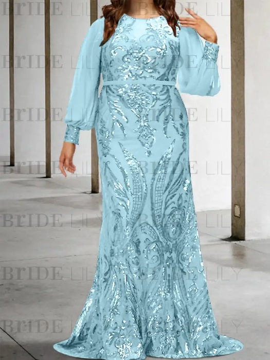 Light Sky Blue plus size sequin damask mother of the bride mermaid gown