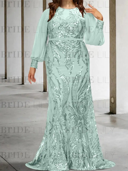Mist Blue plus size sequin damask mother of the bride mermaid gown