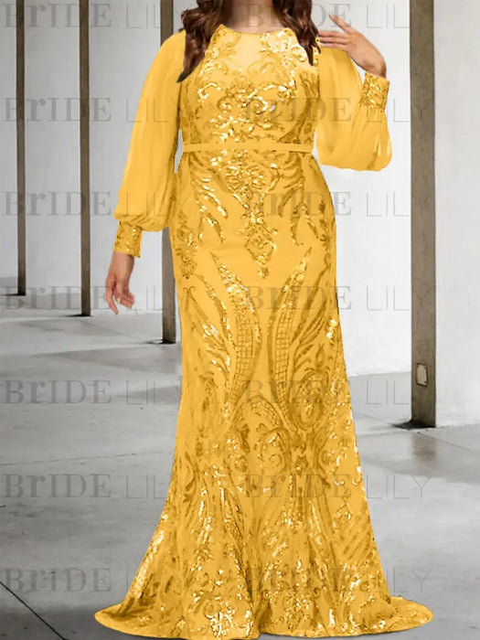 Mustard Yellow plus size sequin damask mother of the bride mermaid gown