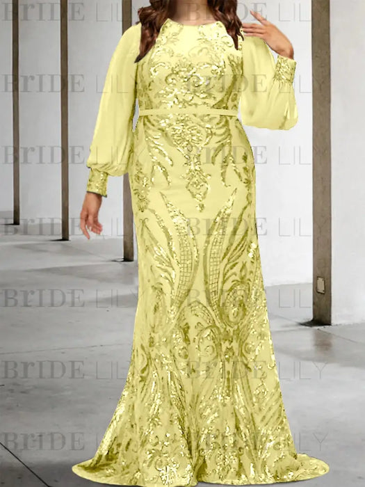 Plus size pale yellow sequin damask gown with chiffon sleeves