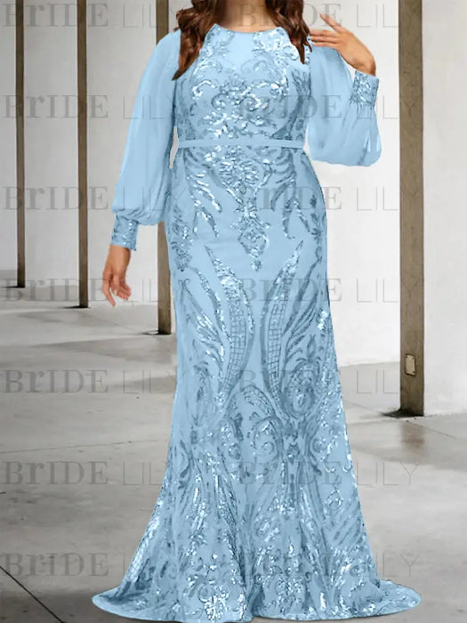Sky Blue plus size sequin damask mother of the bride mermaid gown
