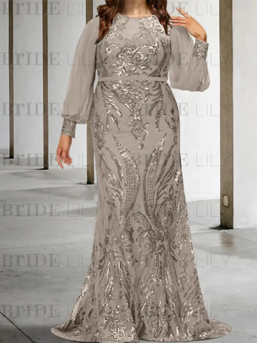 Taupe plus size sequin damask mother of the bride mermaid gown