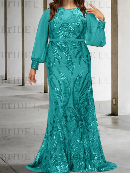 Plus size teal sequin damask mermaid gown with chiffon sleeves