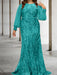 Plus size teal sequin damask mermaid gown with chiffon sleeves