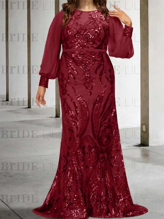 Wine Red plus size sequin damask mother of the bride mermaid gown