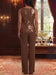 Back view of the sleeveless sequin top and brown trousers