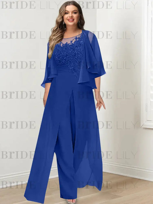 Dark Royal Blue plus size lace bodice mother of the bride jumpsuit with cape jacket