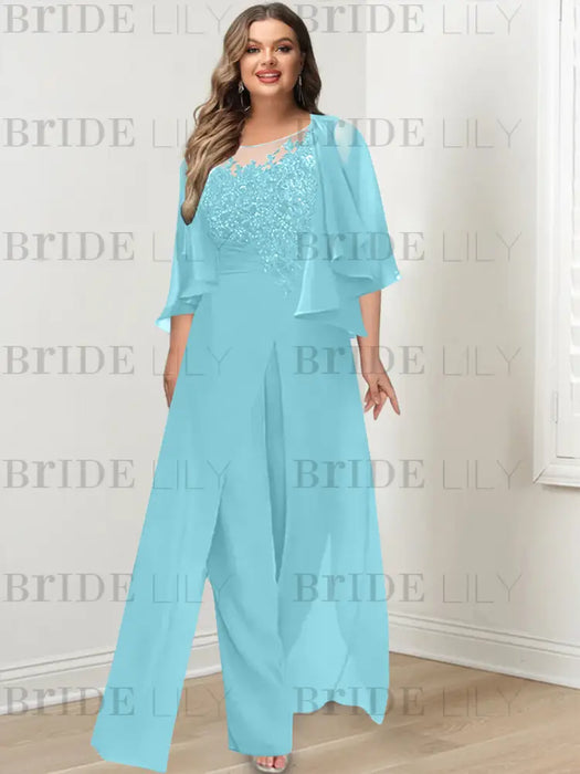 Plus size aqua lace bodice jumpsuit with a chiffon cape jacket