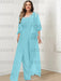 Plus size aqua lace bodice jumpsuit with a chiffon cape jacket