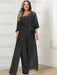 Plus size black lace bodice jumpsuit with a chiffon cape jacket