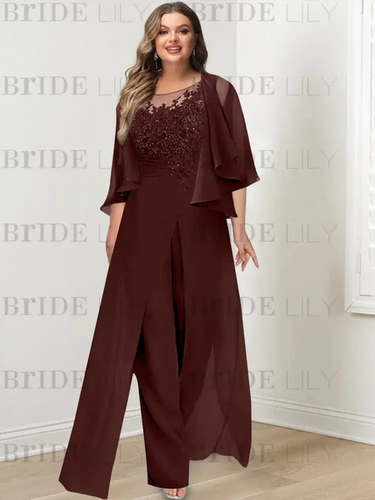 Plus size burgundy lace bodice jumpsuit with a chiffon cape jacket