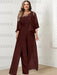 Plus size burgundy lace bodice jumpsuit with a chiffon cape jacket