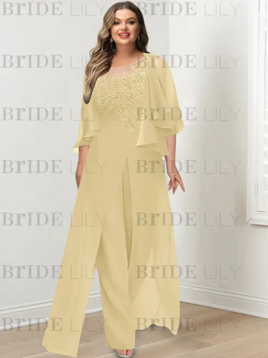 Plus size champagne lace bodice jumpsuit with a cape jacket
