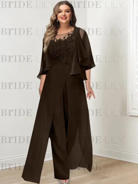 Plus size chocolate lace bodice jumpsuit with a cape jacket