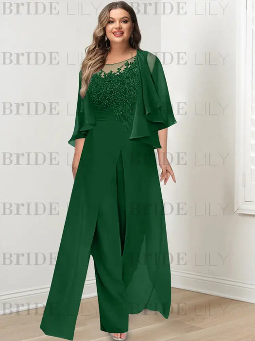 Dark Green plus size lace bodice mother of the bride jumpsuit with cape jacket