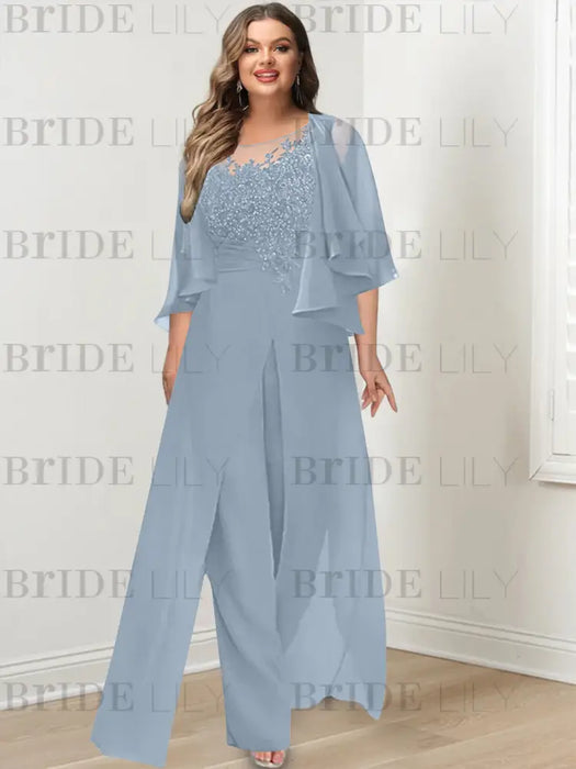 Dusty Blue plus size lace bodice mother of the bride jumpsuit with cape jacket
