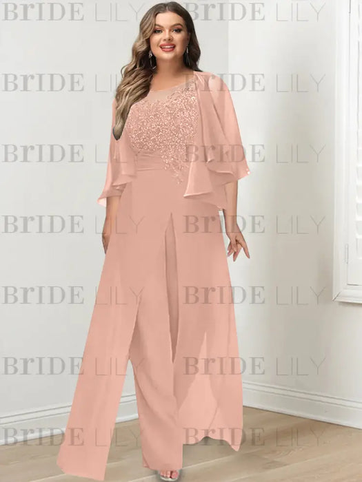 Dusty Rose plus size lace bodice mother of the bride jumpsuit with cape jacket
