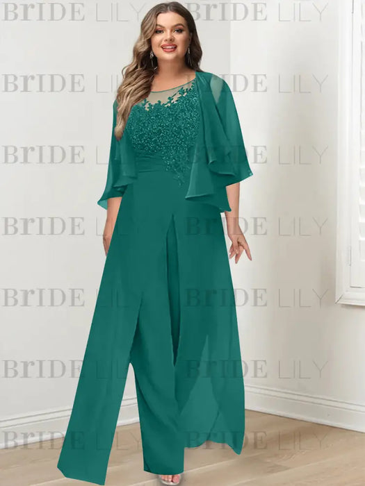 Emerald Green plus size lace bodice mother of the bride jumpsuit with cape jacket