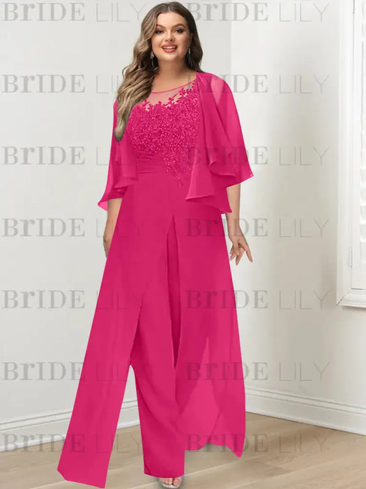 Fuchsia plus size lace bodice mother of the bride jumpsuit with cape jacket