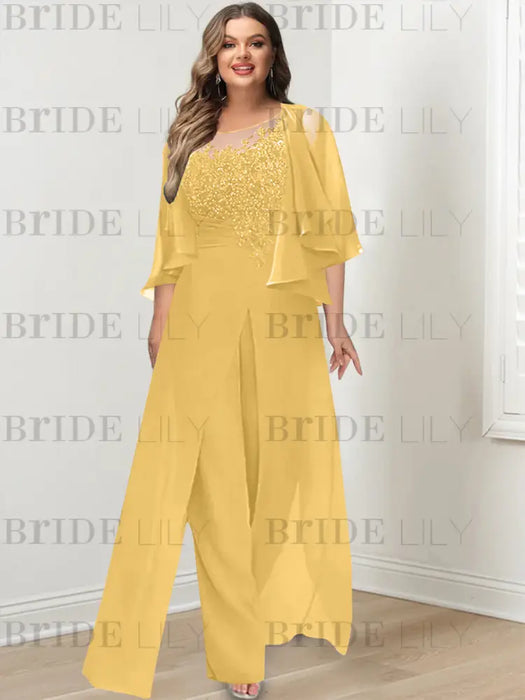 Gold plus size lace bodice mother of the bride jumpsuit with cape jacket
