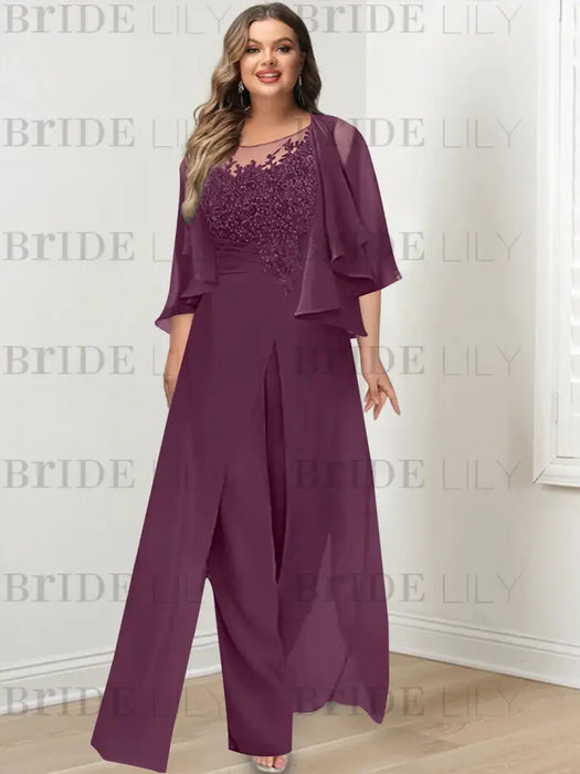 Grape plus size lace bodice mother of the bride jumpsuit with cape jacket
