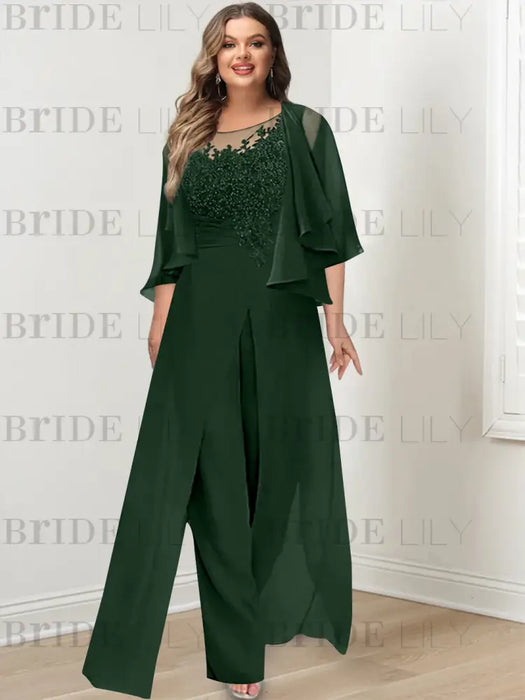 Green Black plus size lace bodice mother of the bride jumpsuit with cape jacket