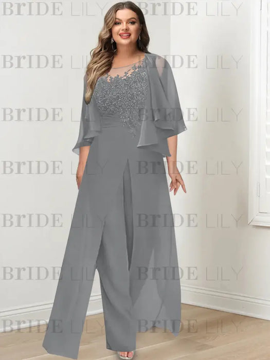 Plus size grey lace bodice jumpsuit with a chiffon cape jacket
