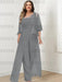 Plus size grey lace bodice jumpsuit with a chiffon cape jacket