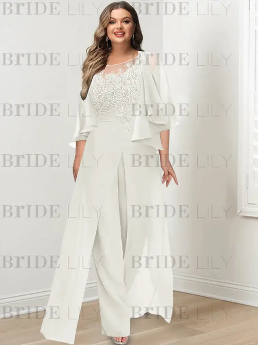 Ivory plus size lace bodice mother of the bride jumpsuit with cape jacket