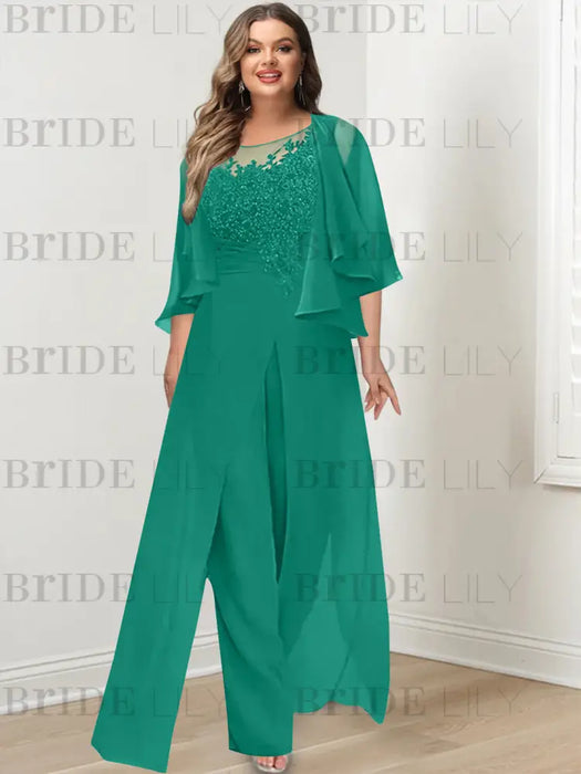 Jade plus size lace bodice mother of the bride jumpsuit with cape jacket