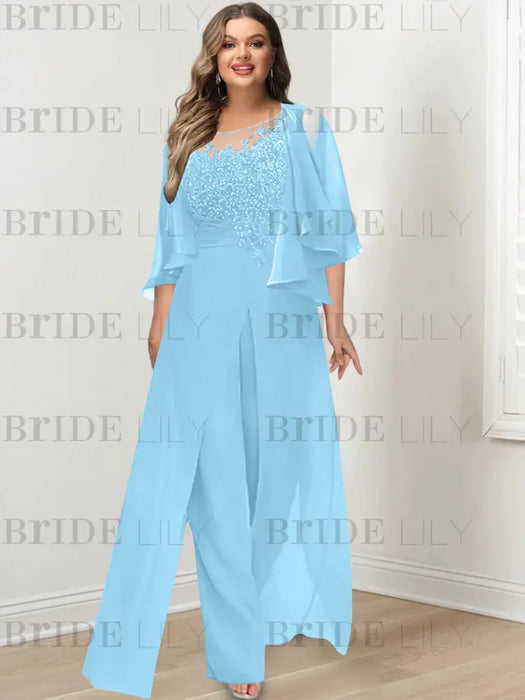 Light Blue plus size lace bodice mother of the bride jumpsuit with cape jacket