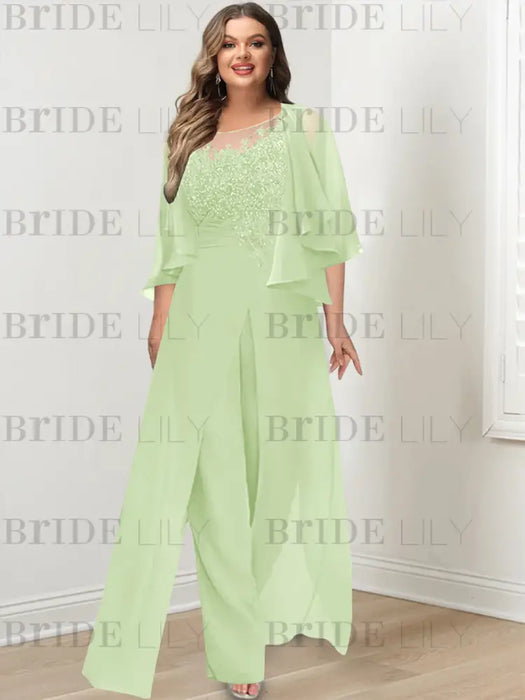 Plus size light green lace bodice jumpsuit with a cape jacket