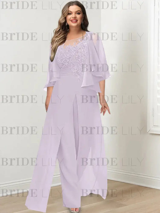 Lilac plus size lace bodice mother of the bride jumpsuit with cape jacket