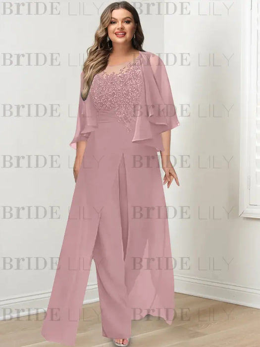 Mauve plus size lace bodice mother of the bride jumpsuit with cape jacket