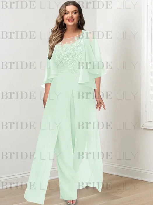 Mist Blue plus size lace bodice mother of the bride jumpsuit with cape jacket