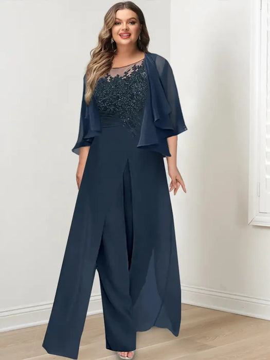 Plus size navy lace bodice jumpsuit with a chiffon cape jacket
