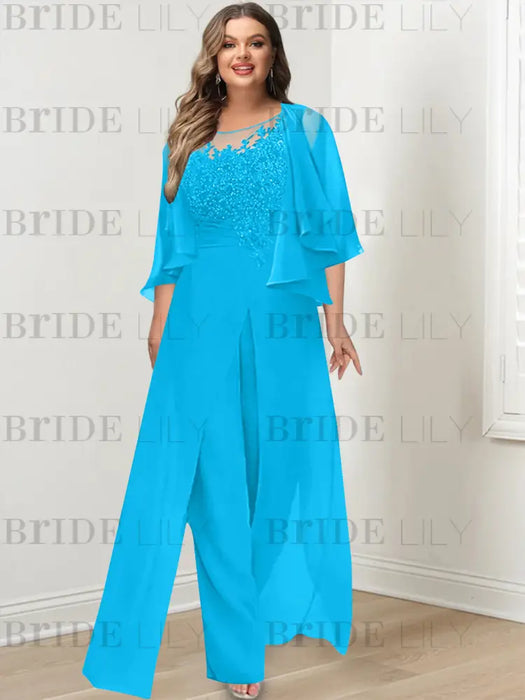 Ocean Blue plus size lace bodice mother of the bride jumpsuit with cape jacket
