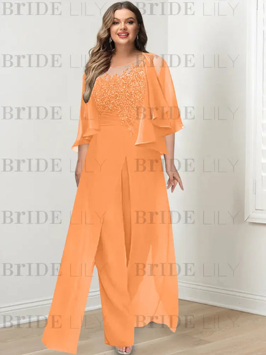 Orange plus size lace bodice mother of the bride jumpsuit with cape jacket