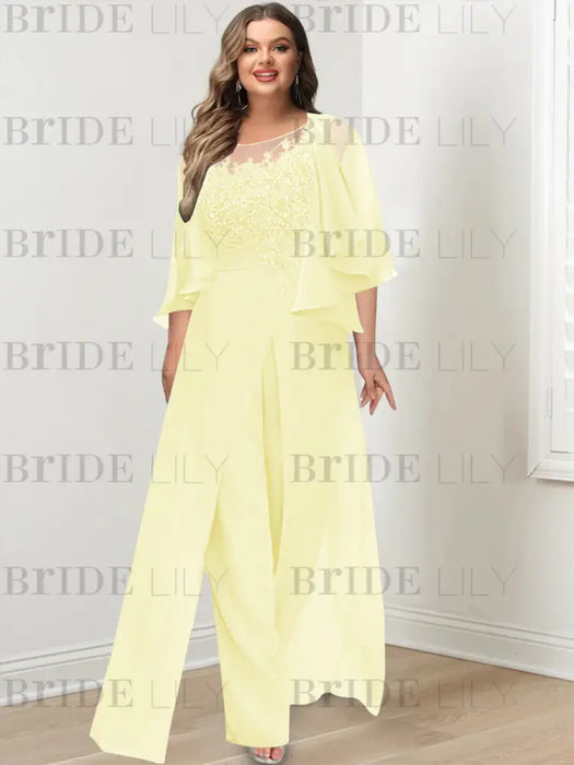 Plus size pale yellow lace bodice jumpsuit with a cape jacket