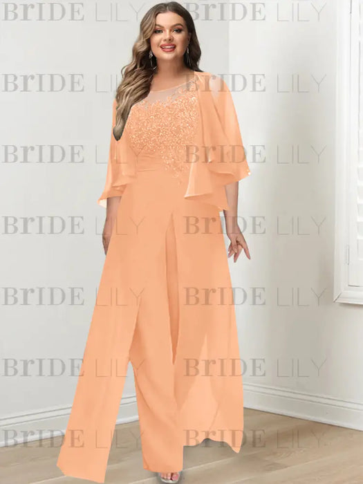 Plus size peach lace bodice jumpsuit with a chiffon cape jacket
