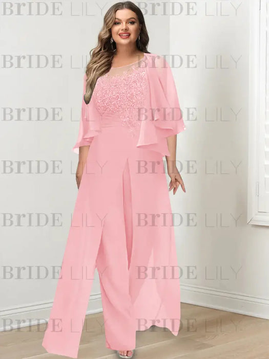 Plus size pink lace bodice jumpsuit with a chiffon cape jacket