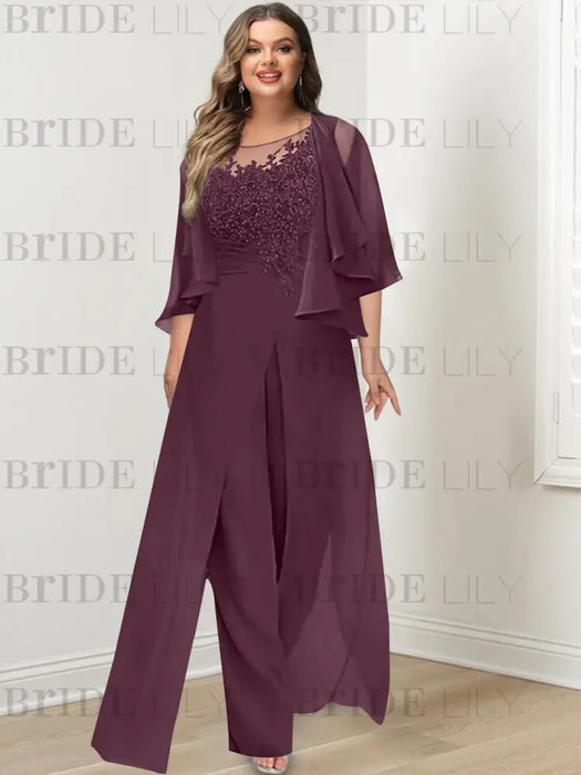 Plum plus size lace bodice mother of the bride jumpsuit with cape jacket