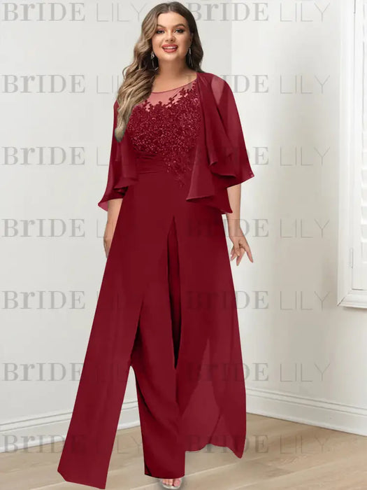 Plus size red lace bodice jumpsuit with a chiffon cape jacket