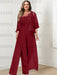 Plus size red lace bodice jumpsuit with a chiffon cape jacket