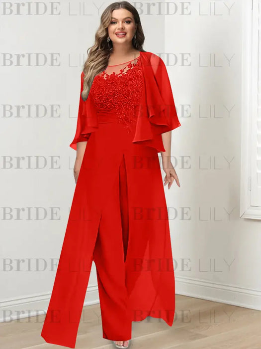 Red plus size lace bodice mother of the bride jumpsuit with cape jacket